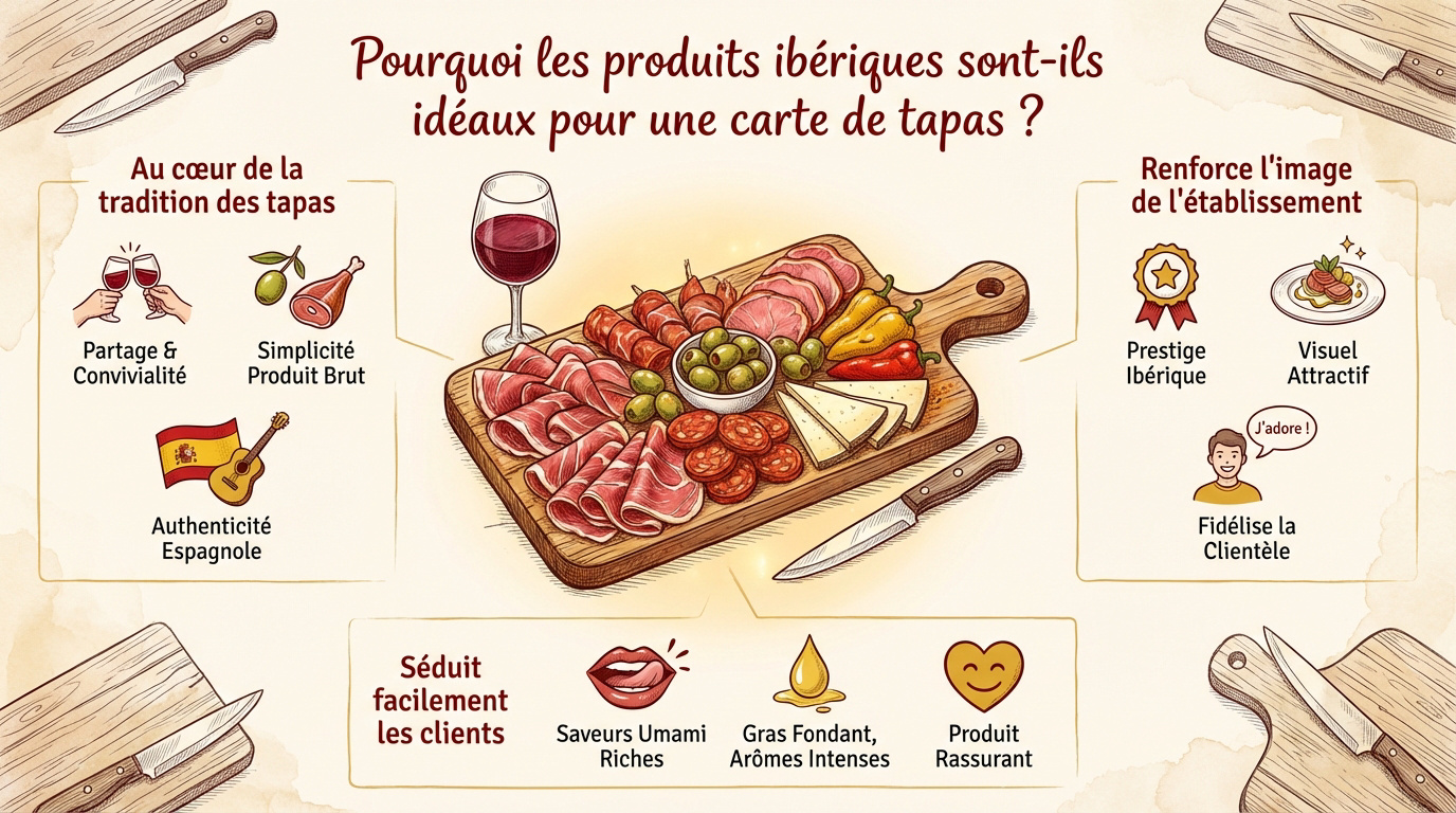 Infographie détaillant les avantages des produits ibériques pour la rentabilité d'un bar à tapas