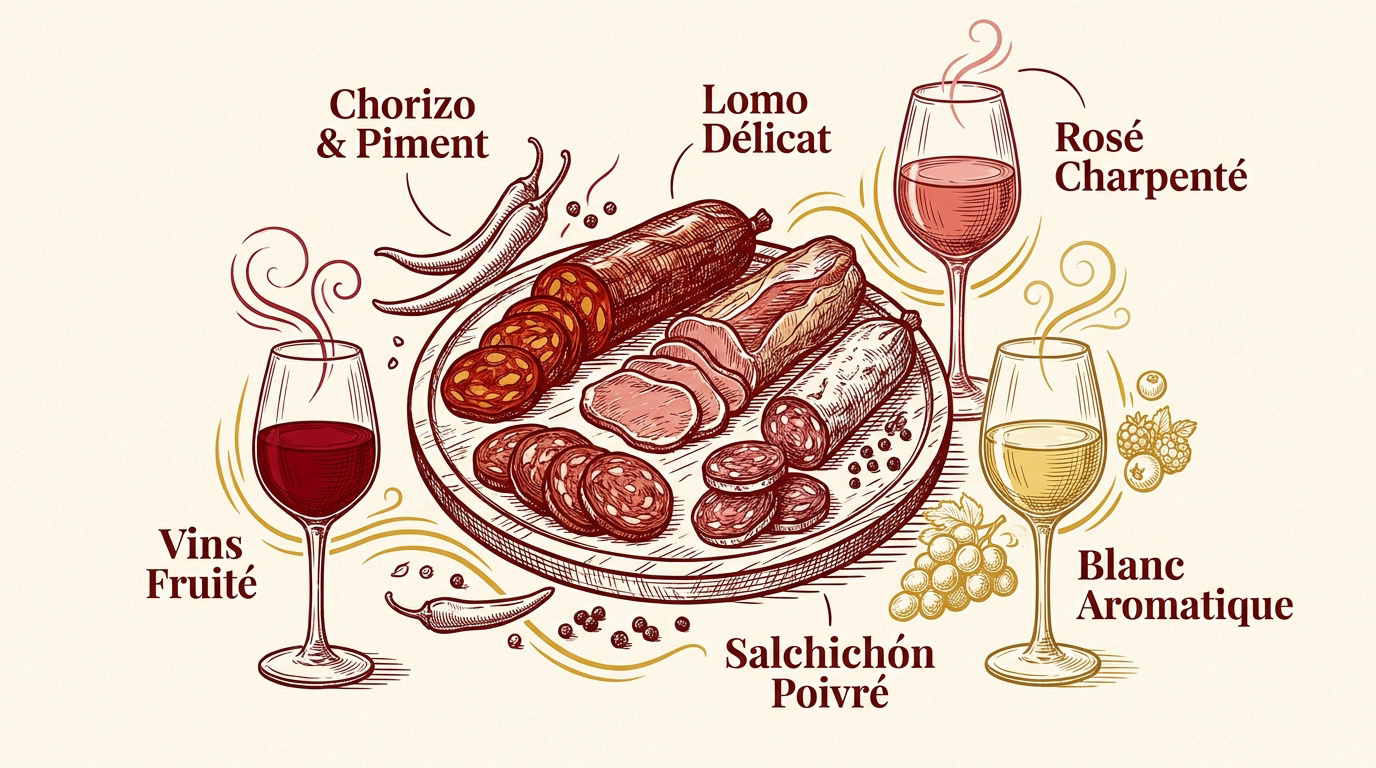 Dégustation de charcuterie espagnole avec verres de vin rouge et blanc