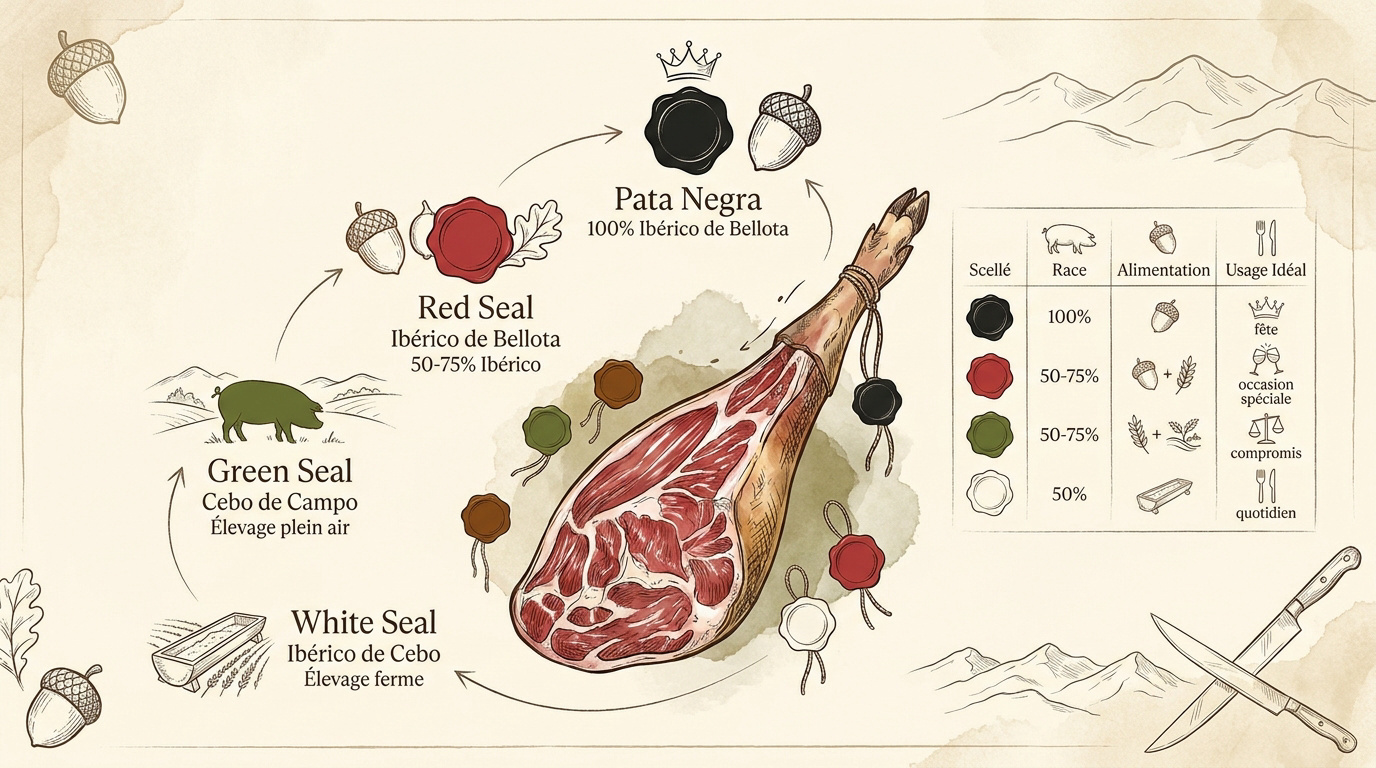 Infographie explicative des 4 couleurs de scellés du jambon ibérique : noir, rouge, vert et blanc