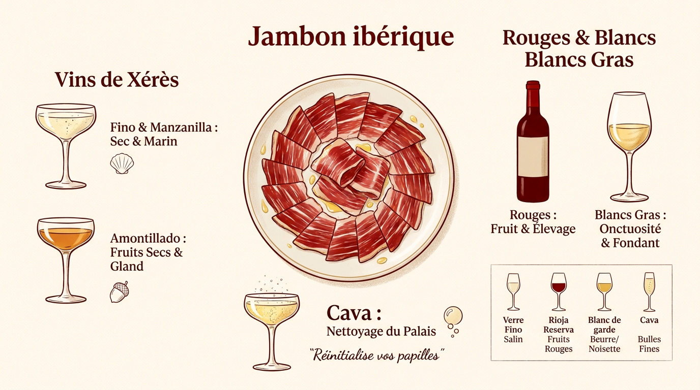 Dégustation de jambon ibérique de bellota accompagné d'un verre de vin blanc de Xérès