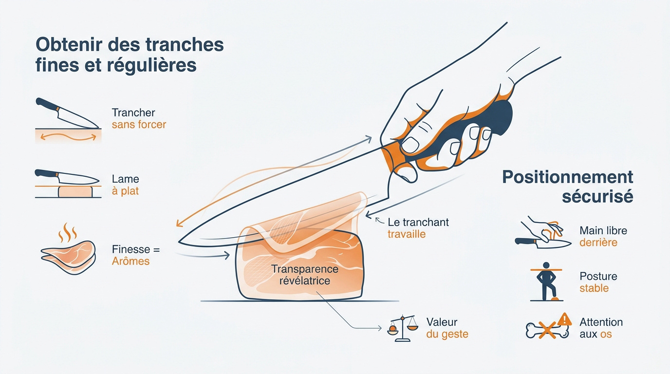 Geste technique de découpe fine de jambon ibérique avec un couteau flexible
