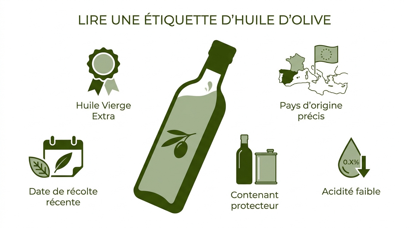 Infographie explicative pour décrypter les étiquettes de bouteilles d'huile d'olive
