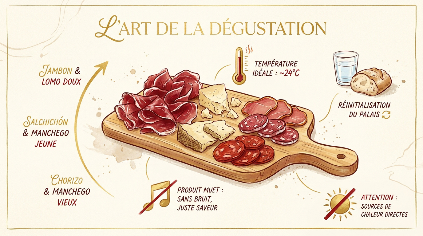 Planche ibérique : quelles quantités prévoir par personne ? 18 Présentation artistique d'une planche ibérique en chiffonnade avec jambon et accompagnements