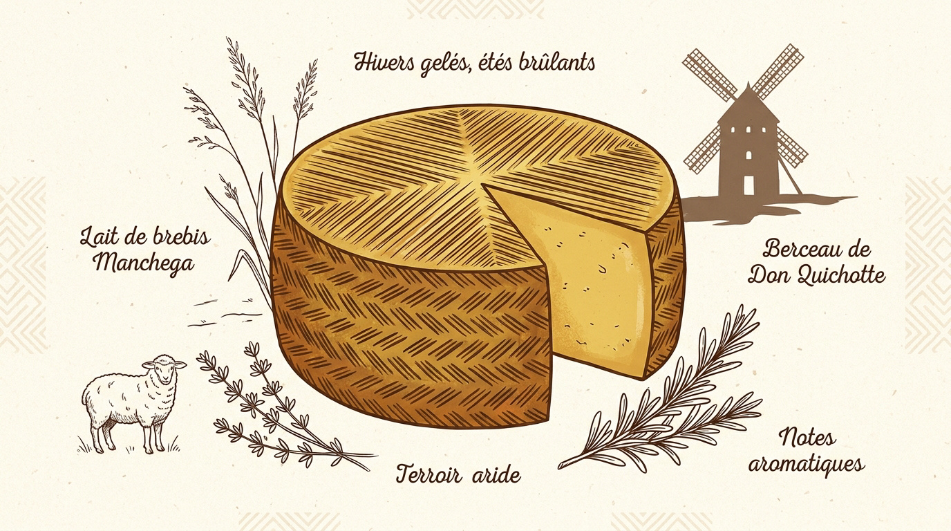 Le fromage Manchego AOP : secrets, qualité et authenticité 2 Fromage Manchego AOP traditionnel avec sa croûte caractéristique sur un plateau en bois