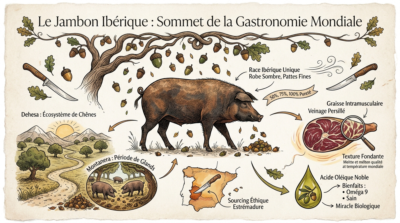 Tranches fines de jambon ibérique Bellota révélant un persillage brillant
