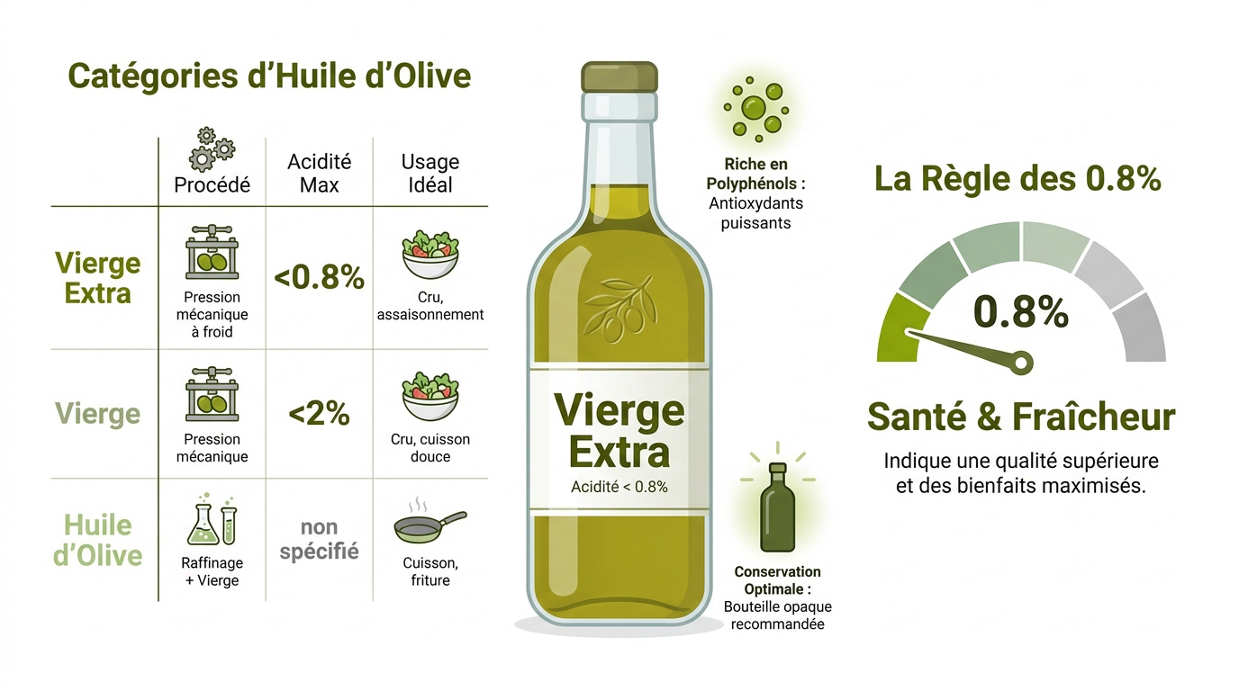 Infographie explicative sur les critères de qualité de l'huile d'olive vierge extra