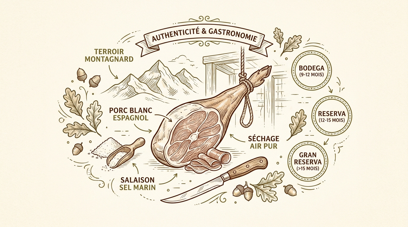 Jambon Serrano traditionnel affiné en montagne prêt pour la dégustation