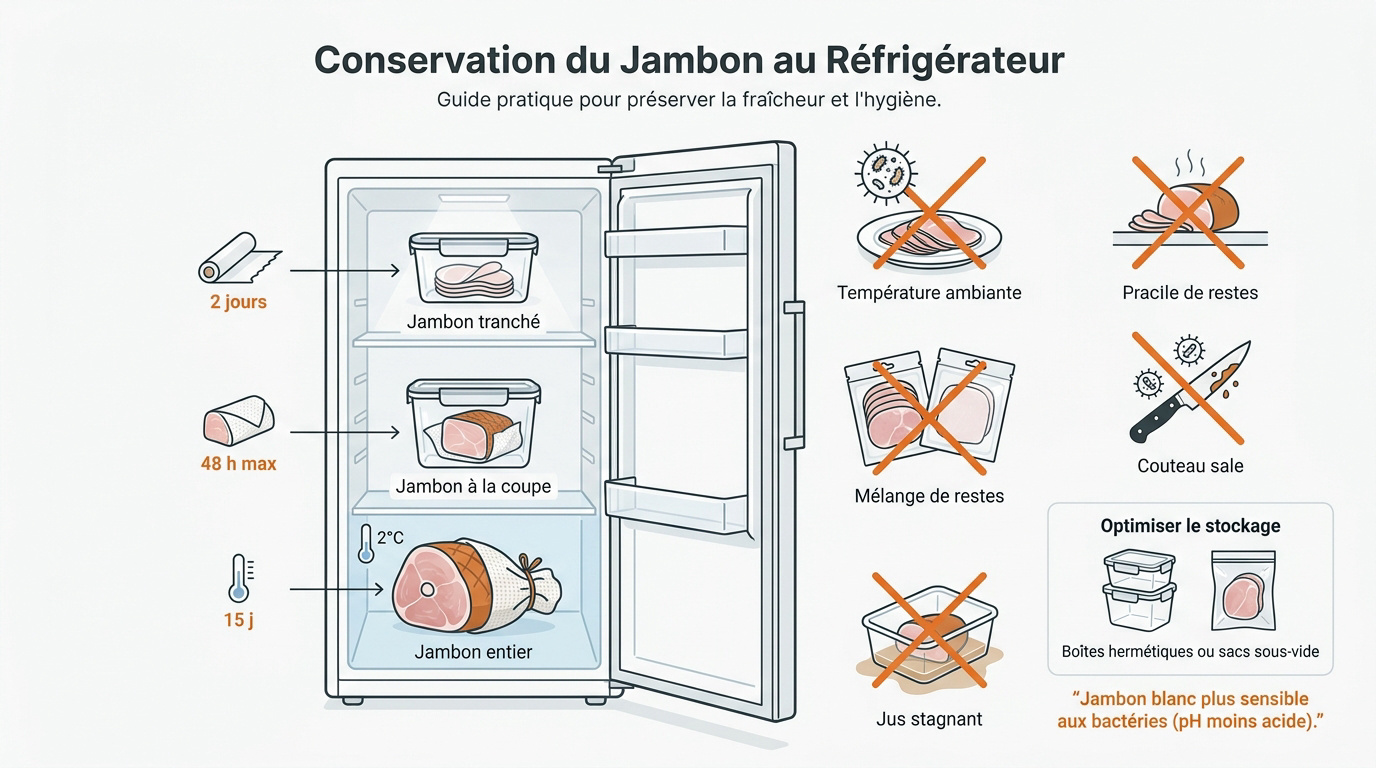 Comment réussir la conservation du jambon après ouverture 4 Tranches de jambon blanc frais conservées dans un réfrigérateur moderne
