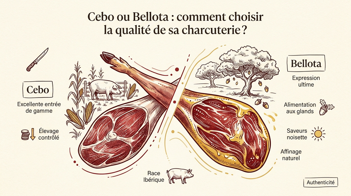 Guide complet des charcuteries ibériques (Lomo, Chorizo...) 7 Assortiment de charcuteries ibériques Cebo et Bellota sur une planche en bois