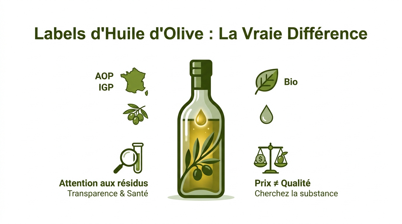 Comparaison des labels AOP, IGP et Bio sur des bouteilles d'huile d'olive