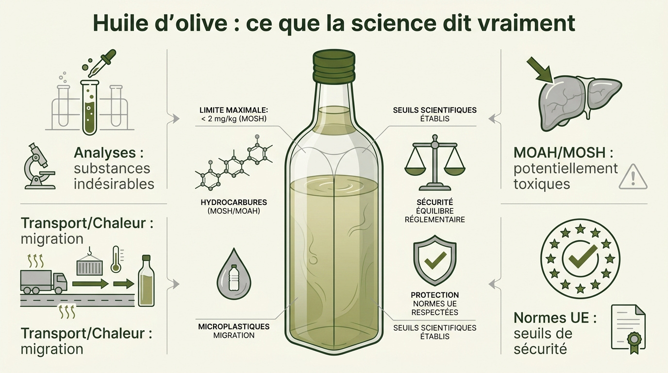 Huile d'olive danger : les points de vigilance à connaître 2 Infographie expliquant les analyses scientifiques sur les contaminants de l'huile d'olive