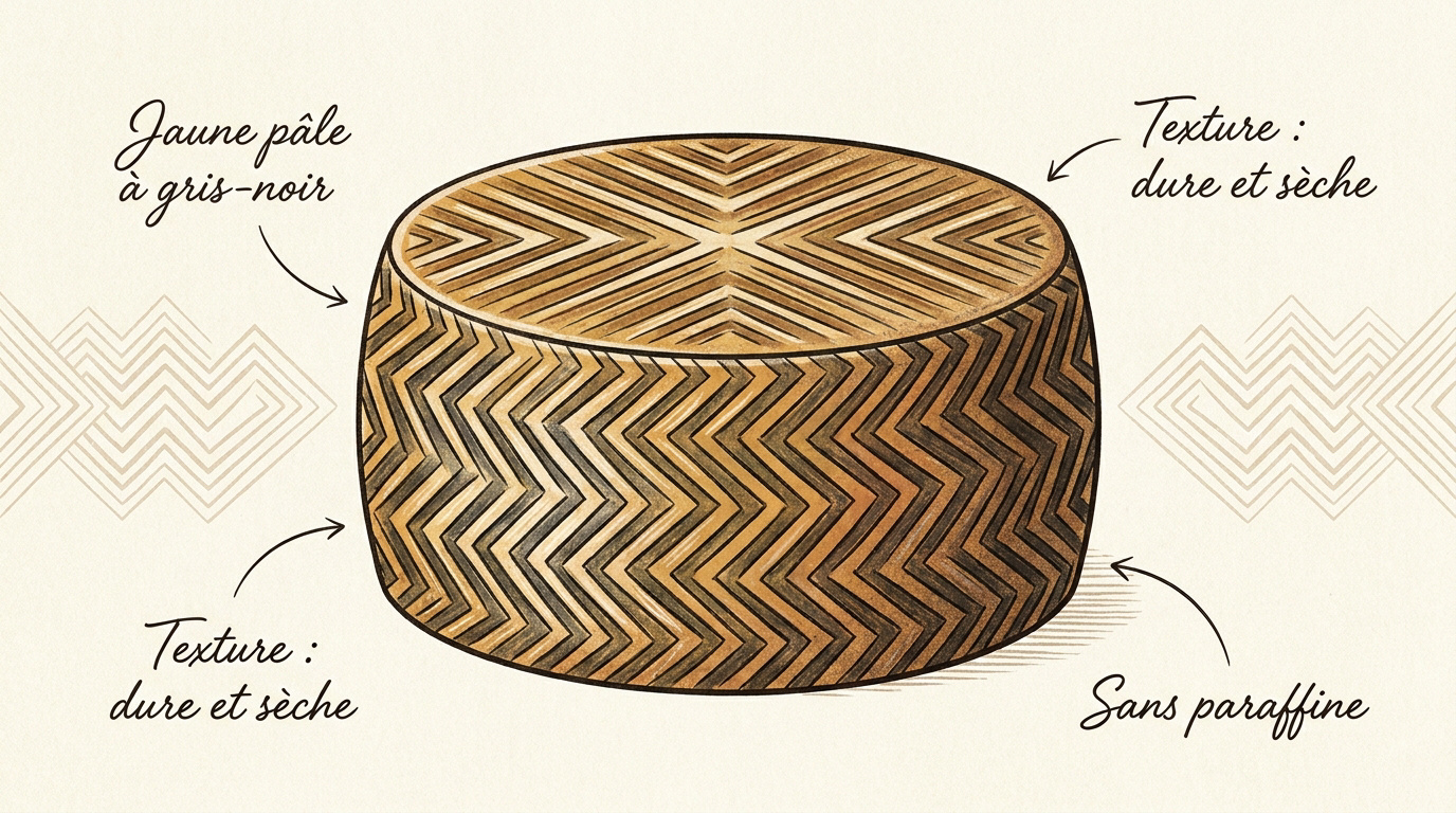 Le fromage Manchego AOP : secrets, qualité et authenticité 5 Détail de la croûte d'un fromage Manchego AOP montrant les motifs pleita et flor traditionnels