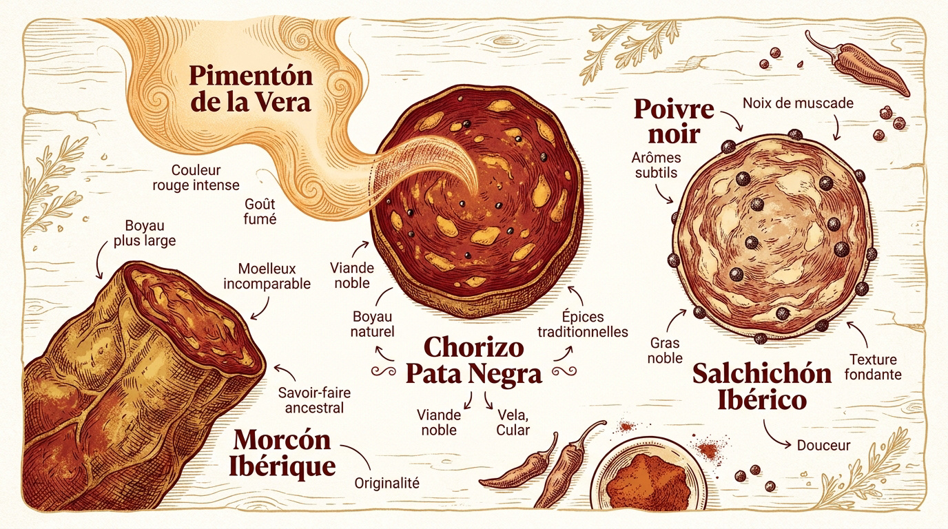 Guide complet des charcuteries ibériques (Lomo, Chorizo...) 5 Assortiment de charcuteries ibériques avec chorizo, salchichón et morcón sur une planche en bois