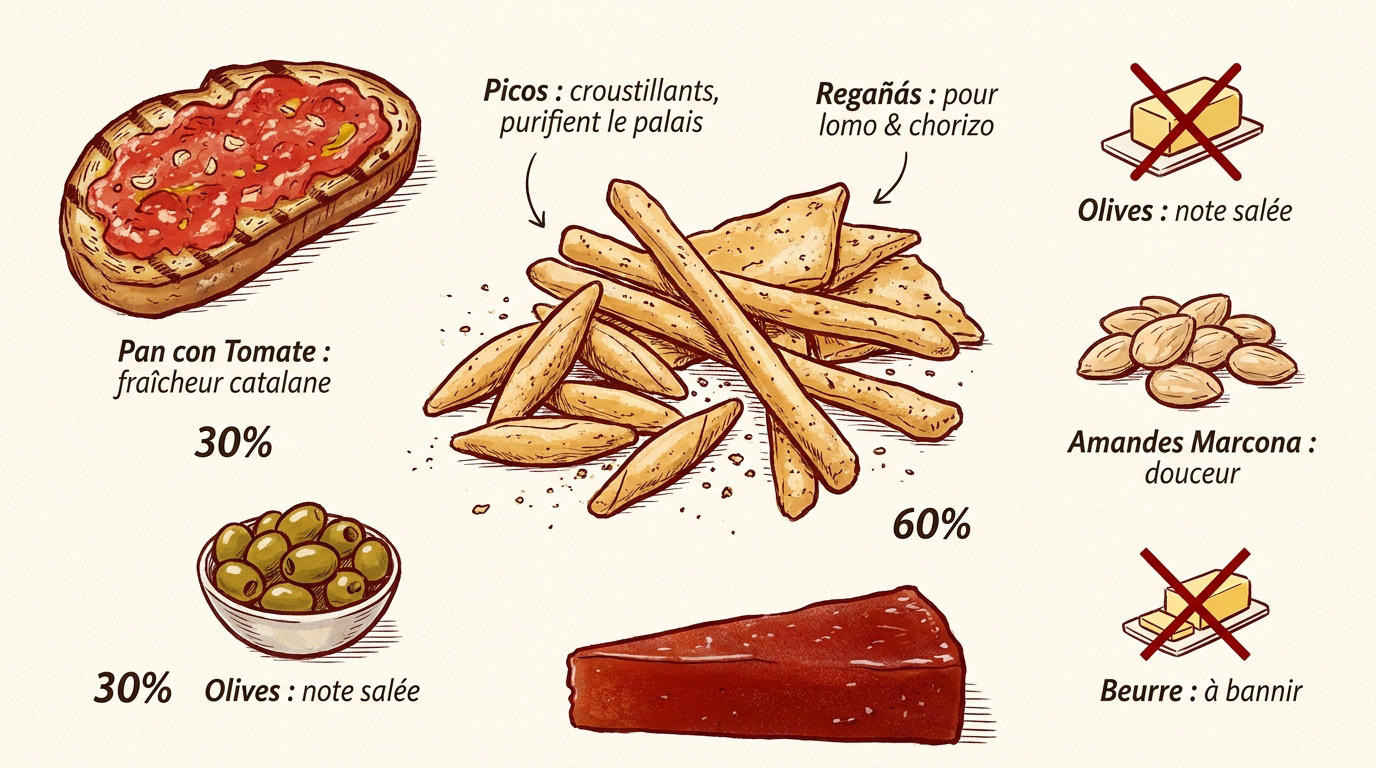Planche ibérique : quelles quantités prévoir par personne ? 17 Sélection de picos, olives et pan con tomate pour accompagner une planche de charcuterie ibérique