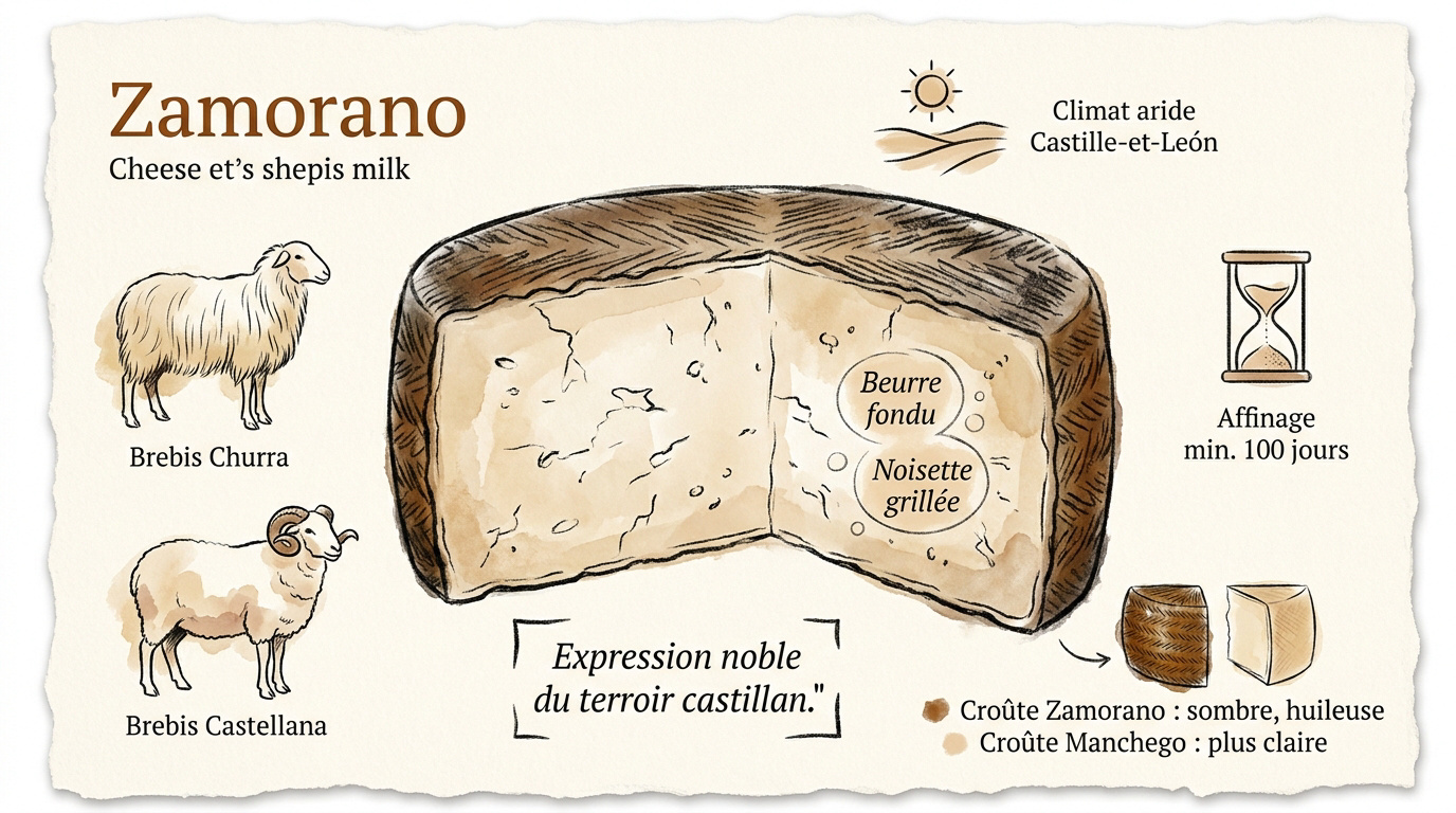 Alternative au Manchego : 5 fromages espagnols 4 Infographie détaillant les caractéristiques et l'origine du fromage Zamorano AOP