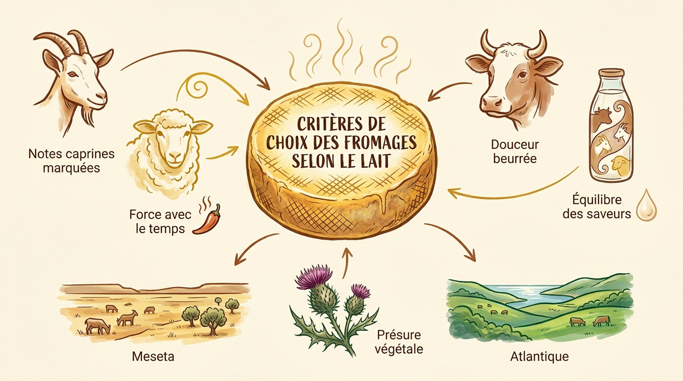Guide du fromage espagnol pour un plateau parfait 2 Infographie détaillant les critères de sélection des fromages espagnols selon le type de lait et l'affinage