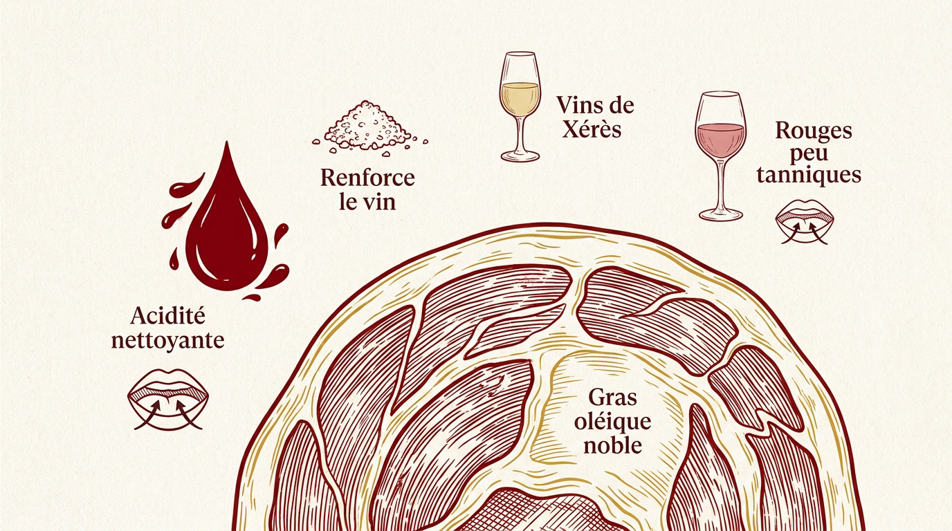 Planche de charcuterie espagnole Bellota accompagnée de verres de vin rouge et blanc