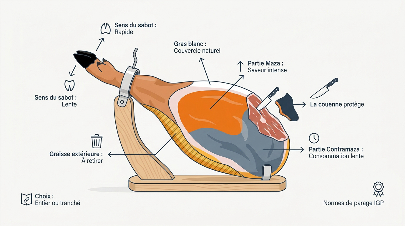 Infographie expliquant l'installation du jambon sur son support et les étapes du nettoyage initial